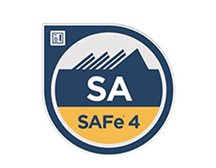 SAFe 4 certification logo featuring stylized mountains and the text SA and SAFe 4 on a circular emblem.